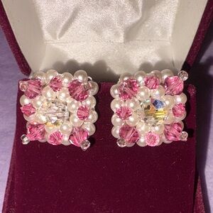 Vintage Pink & White Beaded Clip-on Earrings Faux Seed Pearls Faceted AB Center